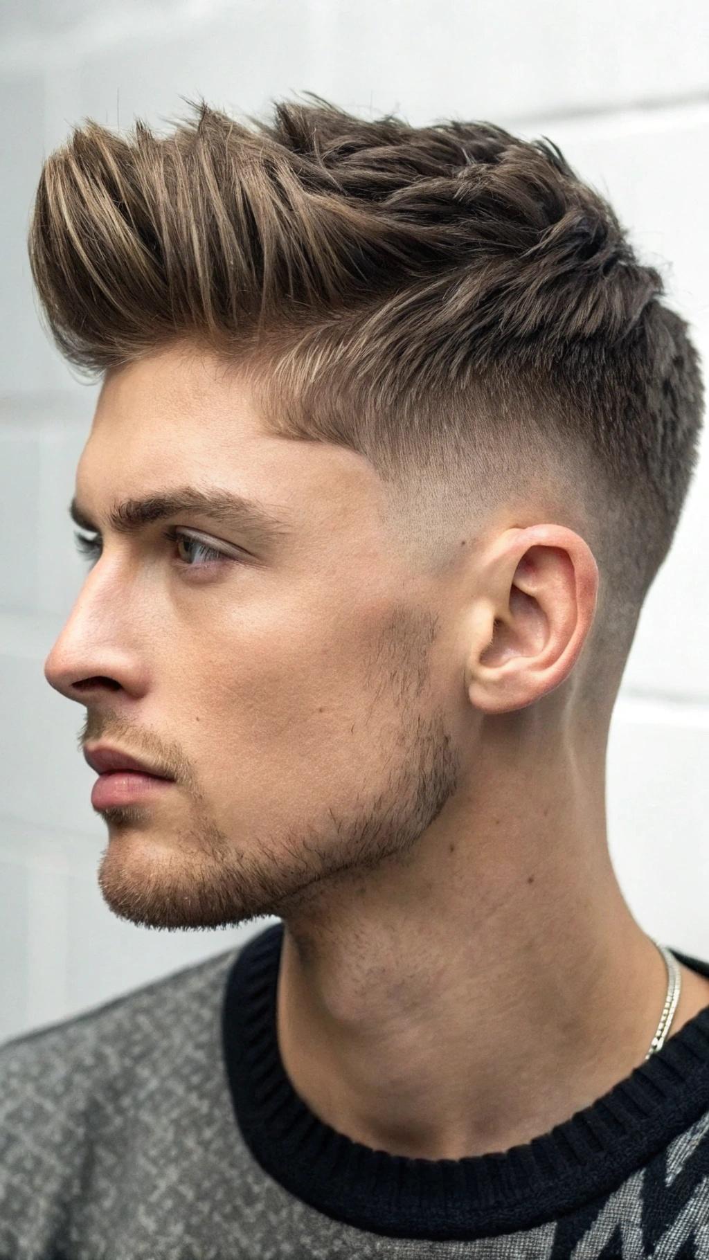 Rosto diamante com fade e topo desfiado.
