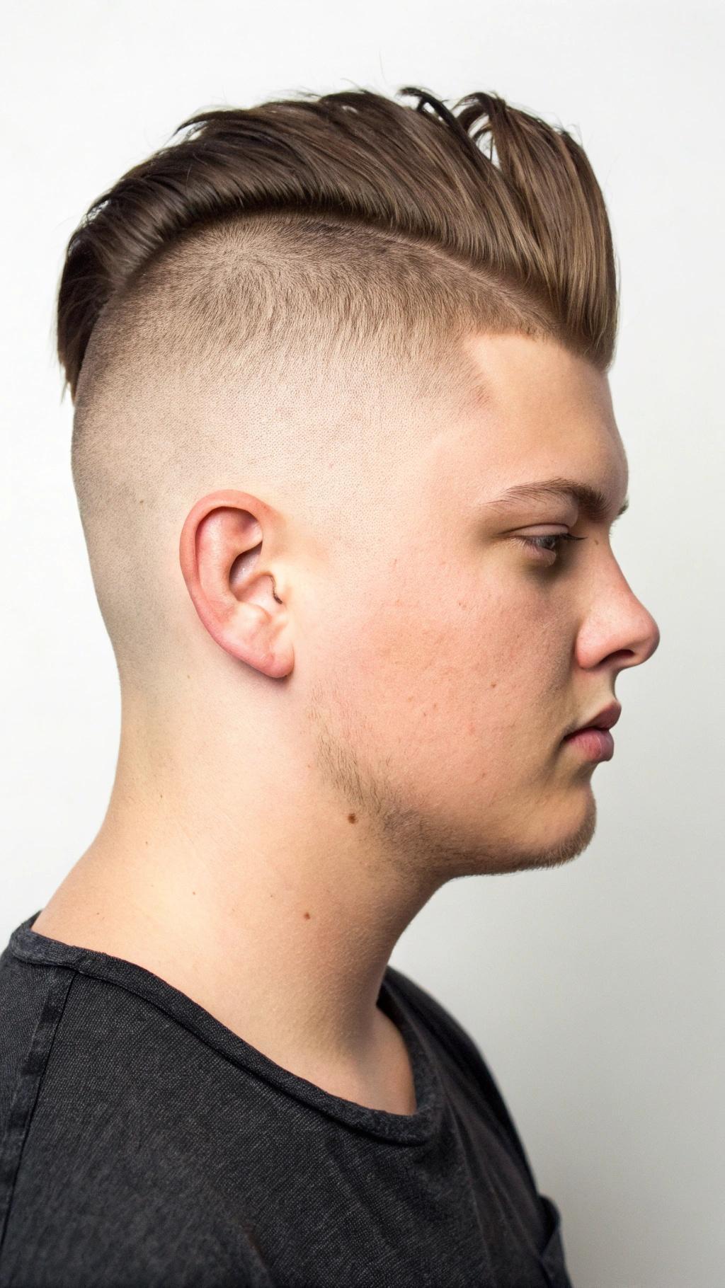 Rosto redondo com undercut e topo alongado.